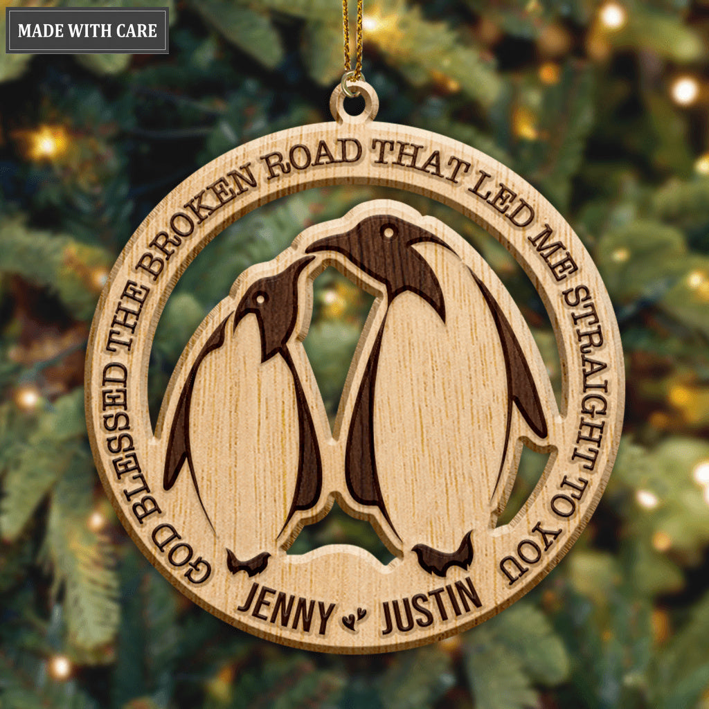 Penguin Couple God Blessed Personalized Wood Engraved Ornaments