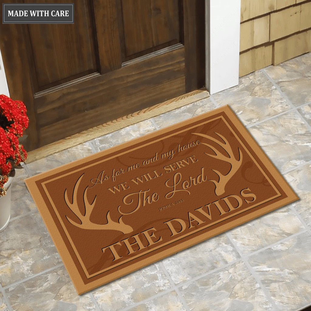 Rustic Buck Antlers Serve The Lord Personalized Doormat