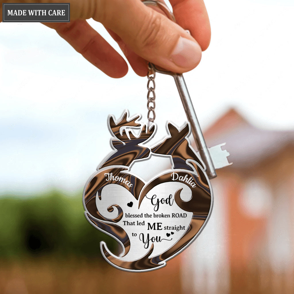 Deers For Couple Tribal Heart Personalized Keychain