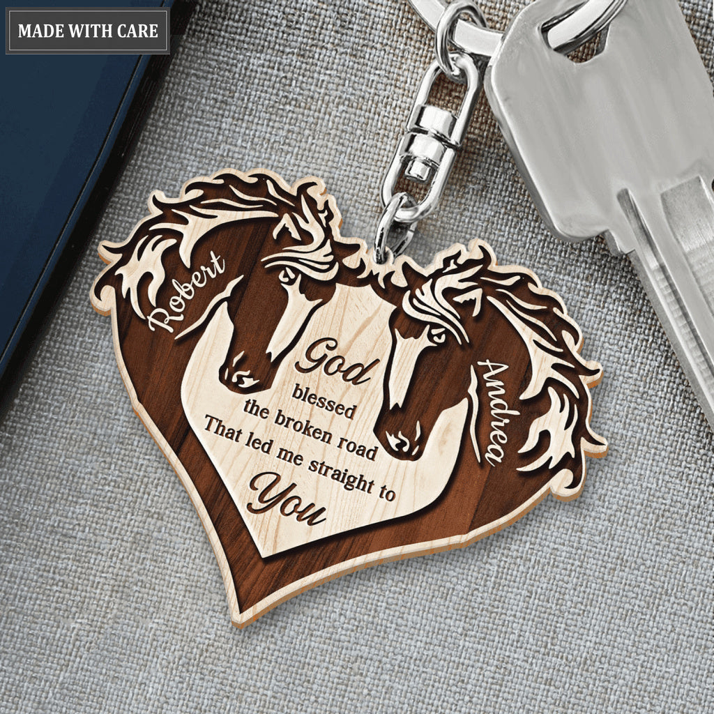 Heart Of Horses God Blessed Personalized Wooden Keychain