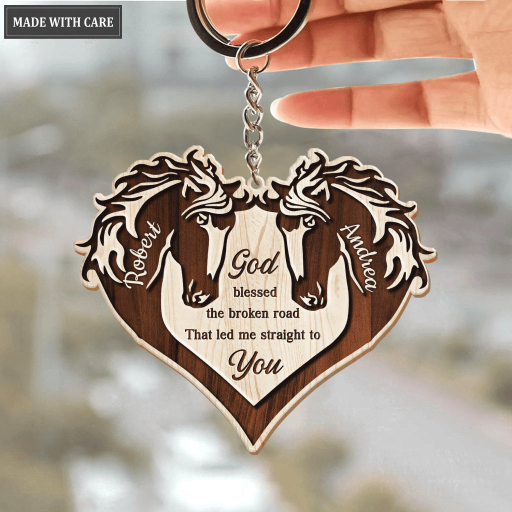 Heart Of Horses God Blessed Personalized Wooden Keychain