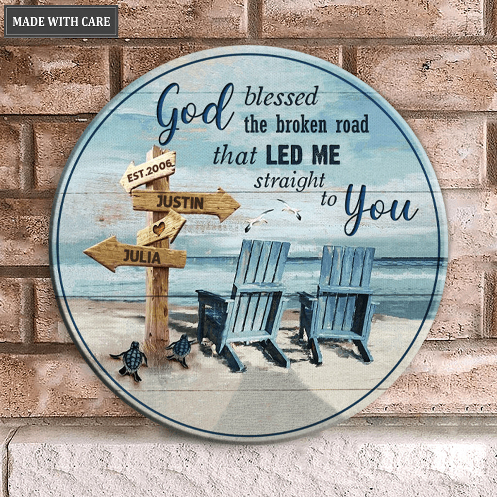 Personalized God Blessed Couple Chairs Wood Circle Sign
