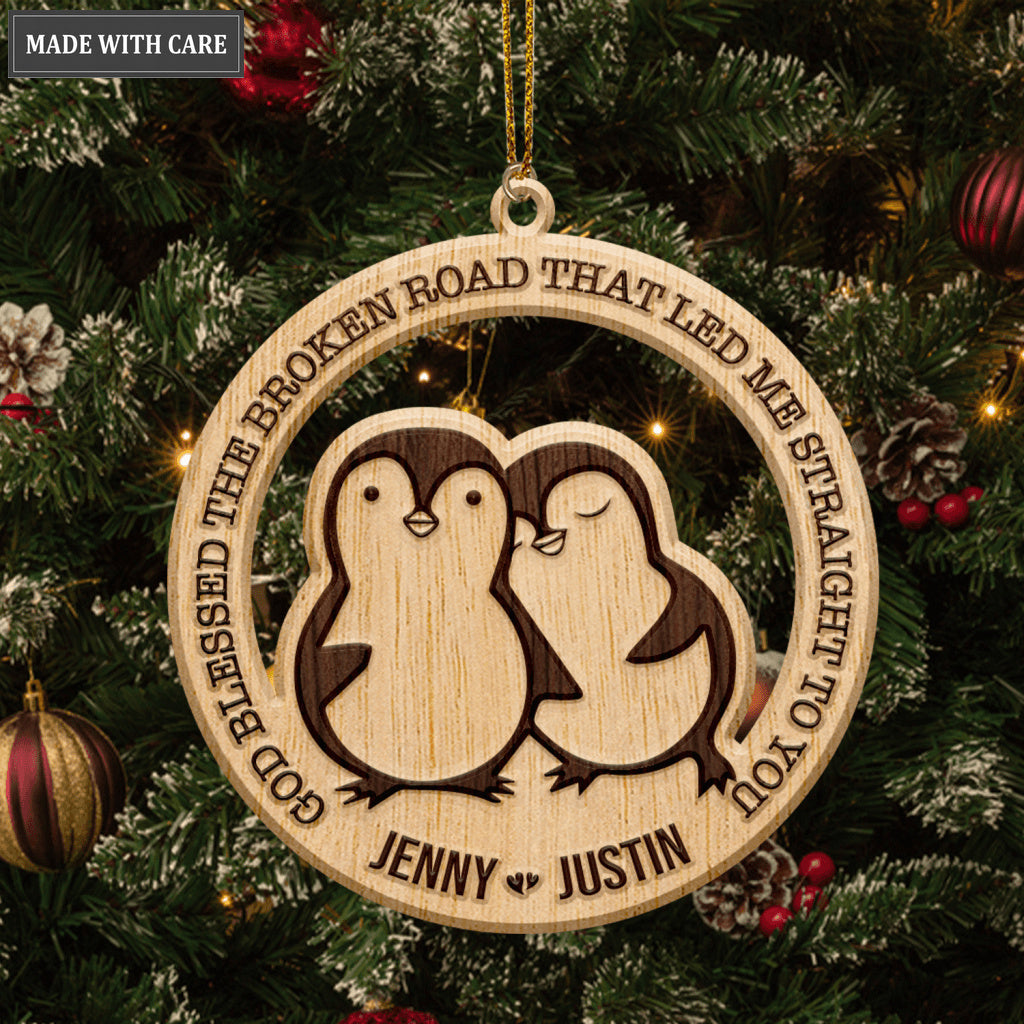 Penguin Couple God Blessed Personalized Wood Engraved Ornaments