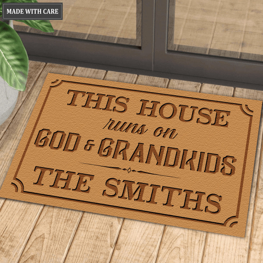 Personalized This House Runs On God And Grandkids Doormat