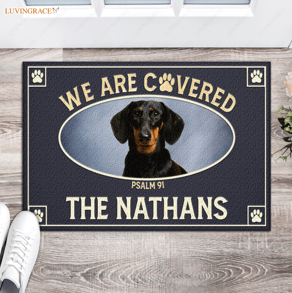 We Are Covered With Jesus And Paw Print Personalized Doormat