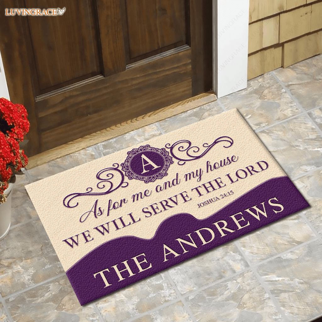 We Will Serve The Lord Purple And Tan Personalized Doormat