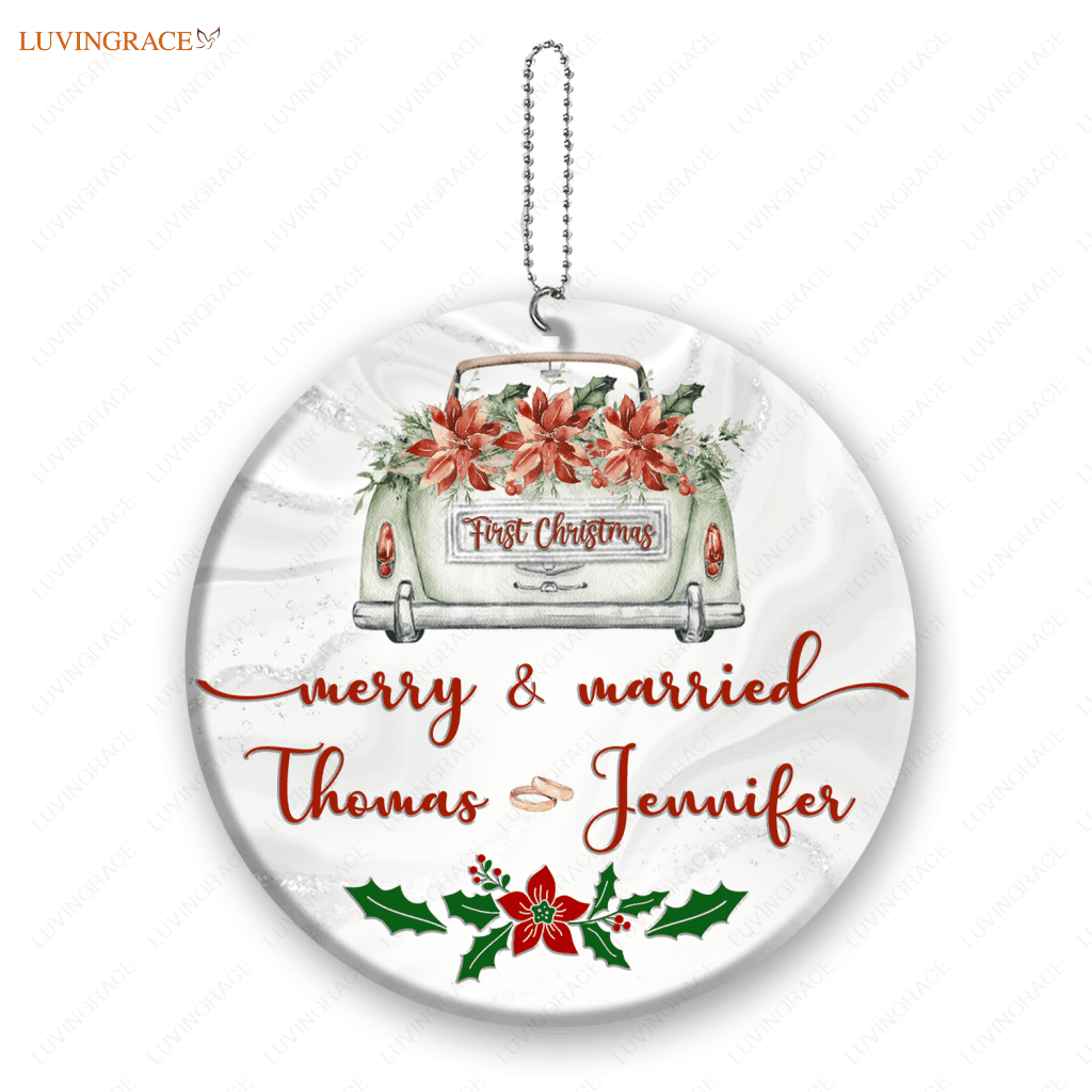 Wedding Flower Car First Christmas Merry And Married Couple Personalized Ornament Ceramic