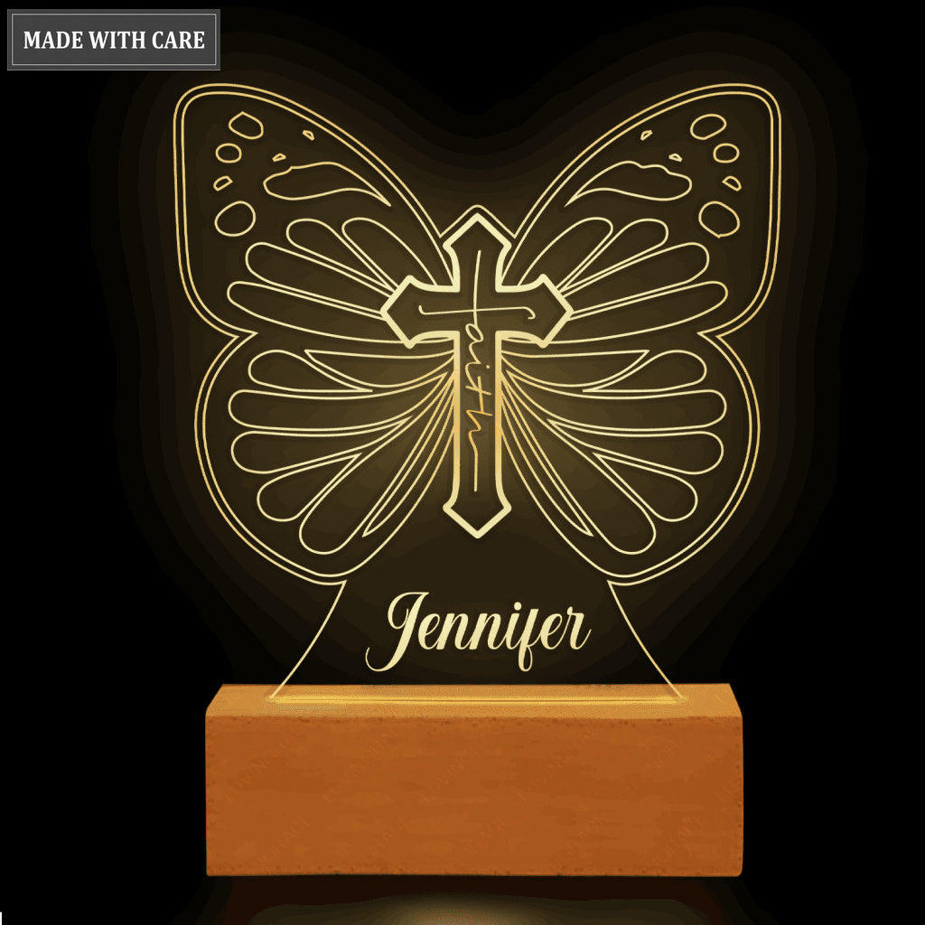 Faith Cross Butterfly Personalized Acrylic Seven Colors Night Light