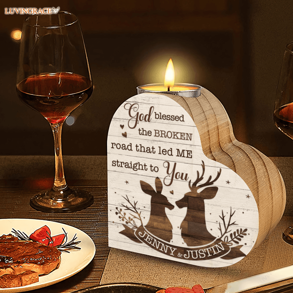 White Wood Floral Deer Couple God Blessed Personalized Candle Holder Heart Shaped