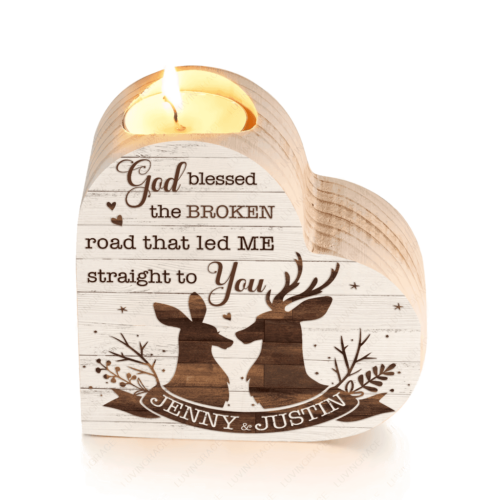 White Wood Floral Deer Couple God Blessed Personalized Candle Holder