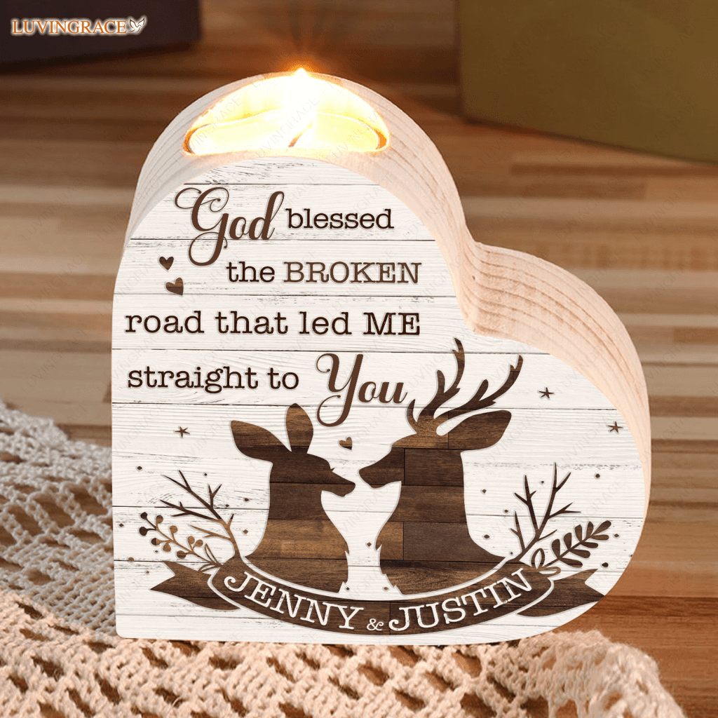 White Wood Floral Deer Couple God Blessed Personalized Candle Holder Heart Shaped