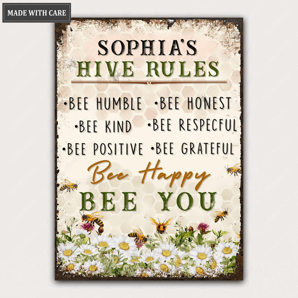 Hive Rules Farmhouse Bee Kind Personalized Metal Sign