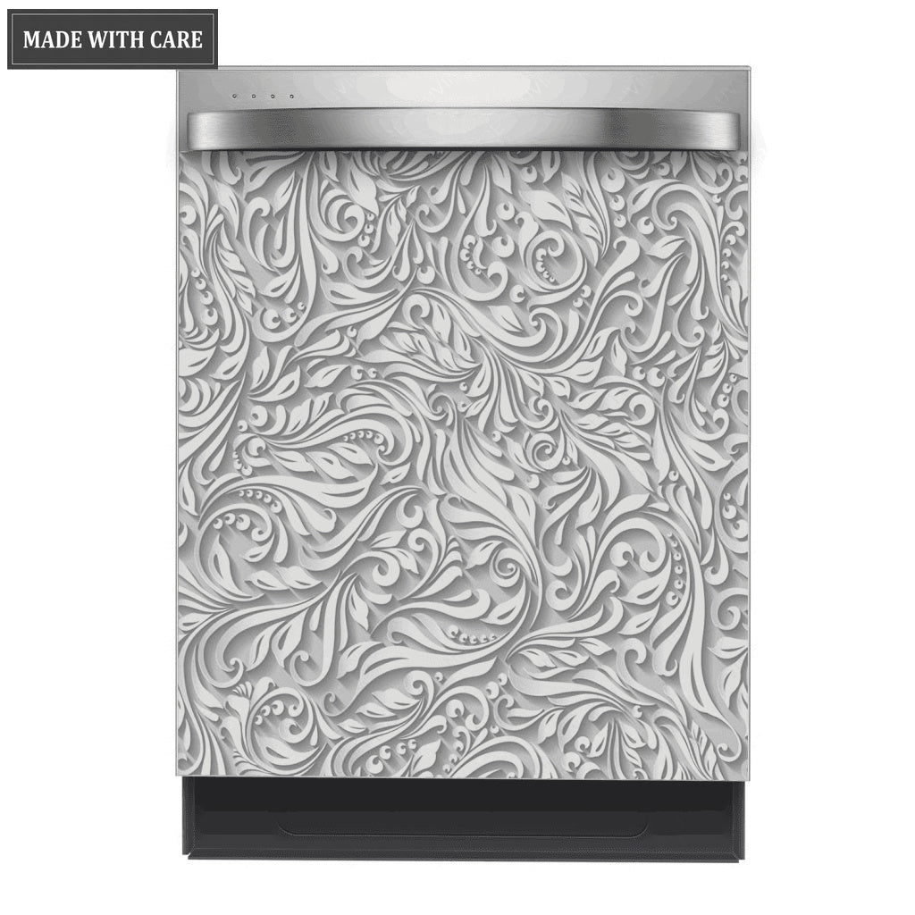 Kitchen Dishwasher Magnet Cover Beautiful Grey Vintage Floral Engraved Design