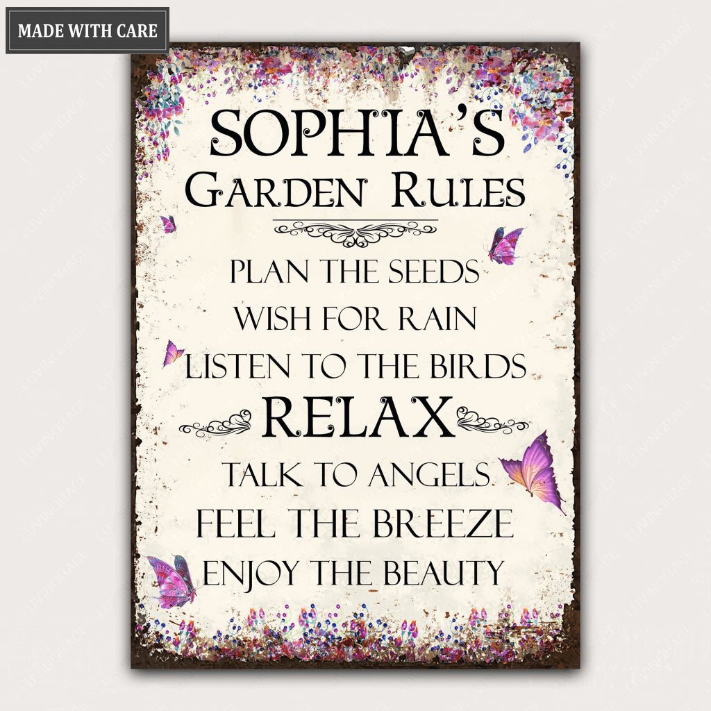 Personalized Garden Rule Metal Sign for Gardener