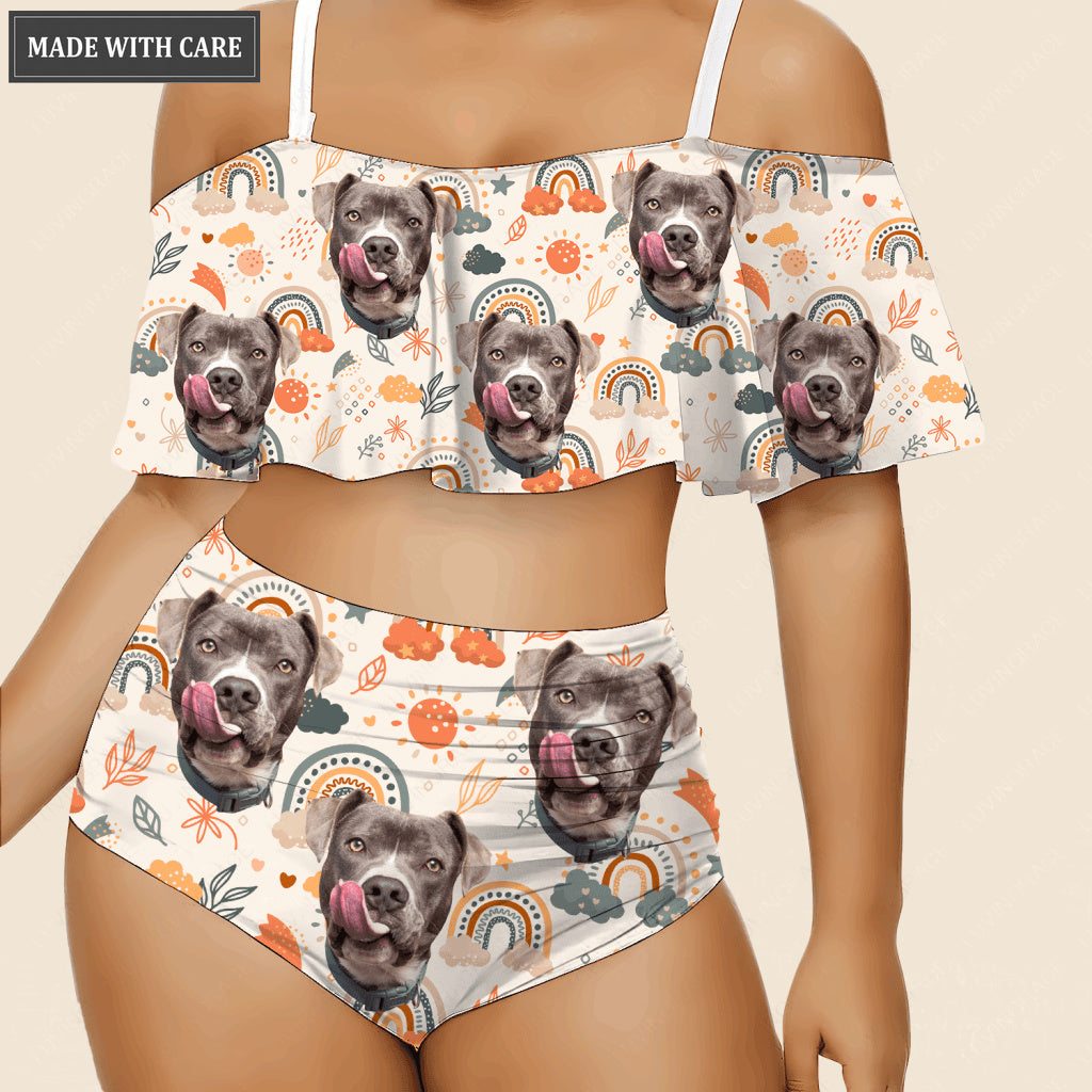 Special Boho Rainbow Pattern Custom Face Photo Bikini Swimsuit