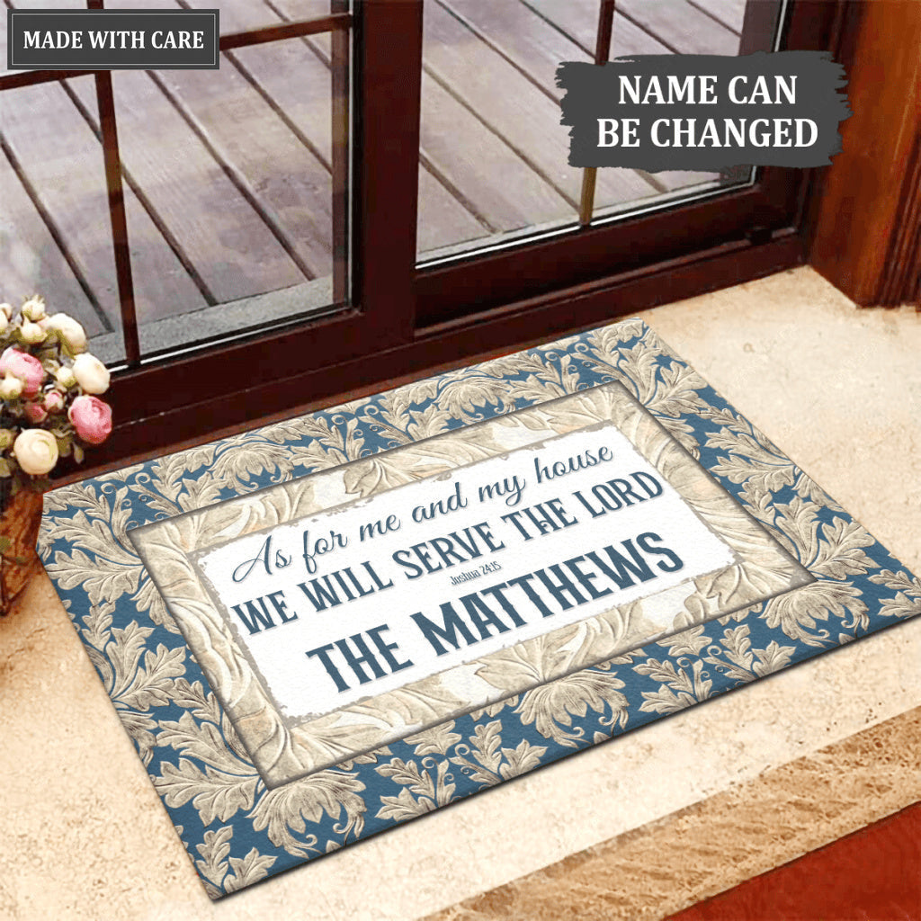 Vintage Blue Elegant Serve The Lord Personalized Doormat