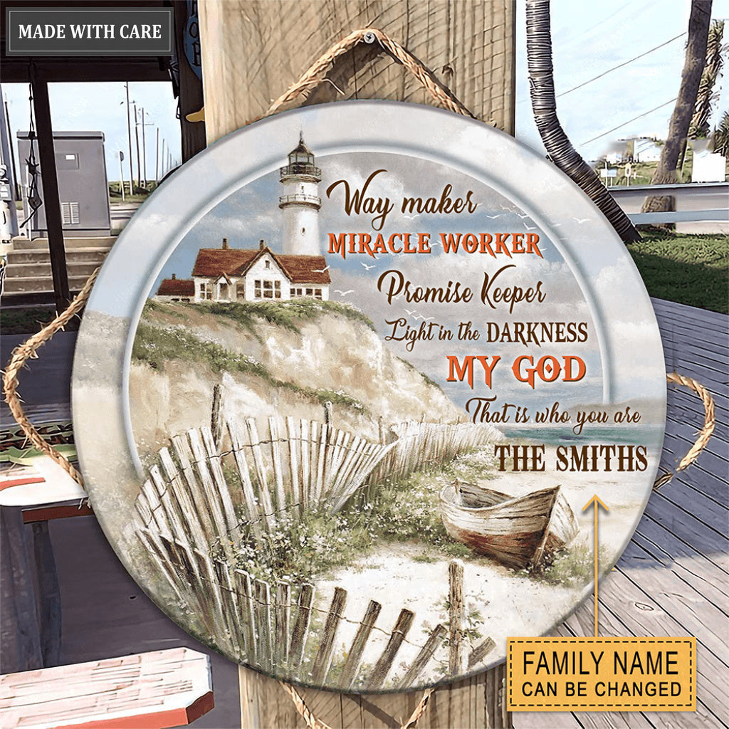 Personalized Lighthouse Waymaker Wood Circle Sign