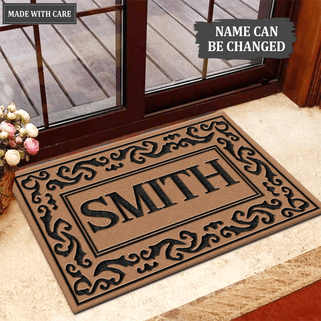 Black Rolling Scrolls Bordered Personalized Family Name Doormat