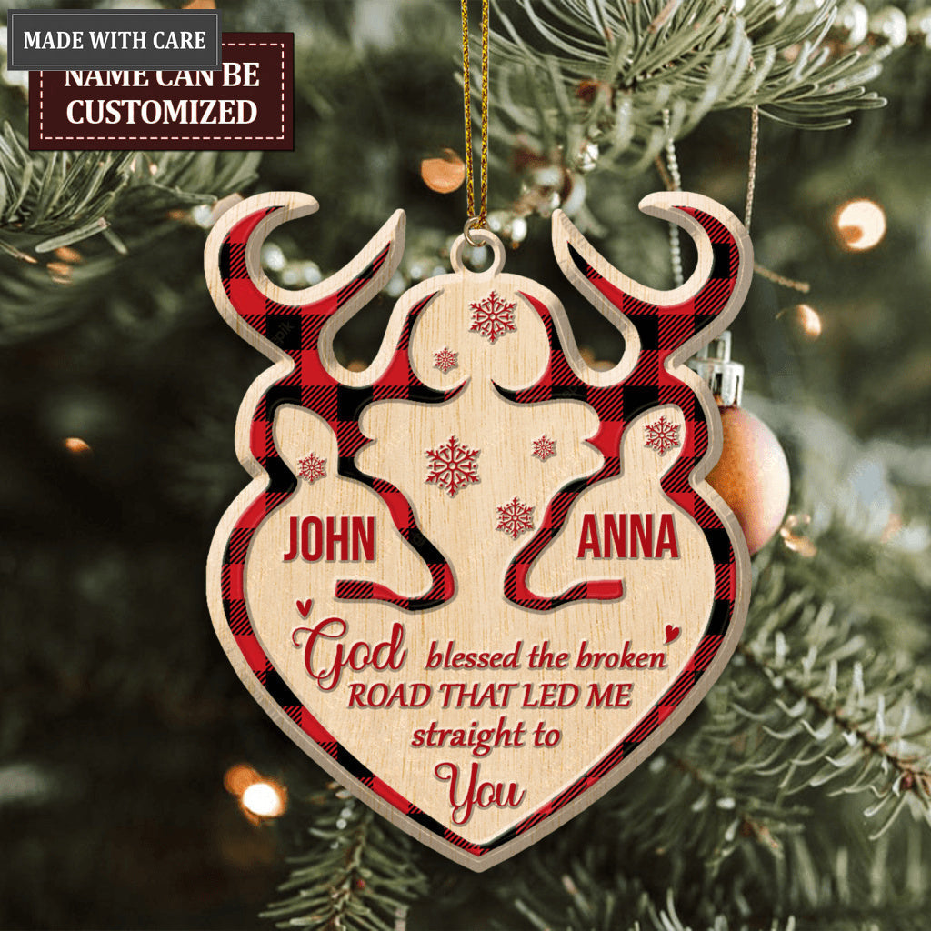 Tartan Buck And Doe God Blessed Personalized Wood Engraved Ornaments