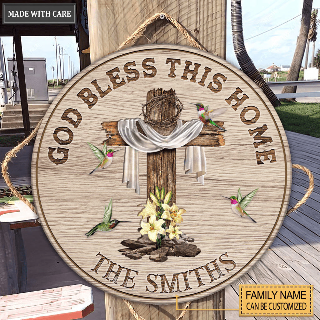 Personalized God bless this home Wood Circle Sign