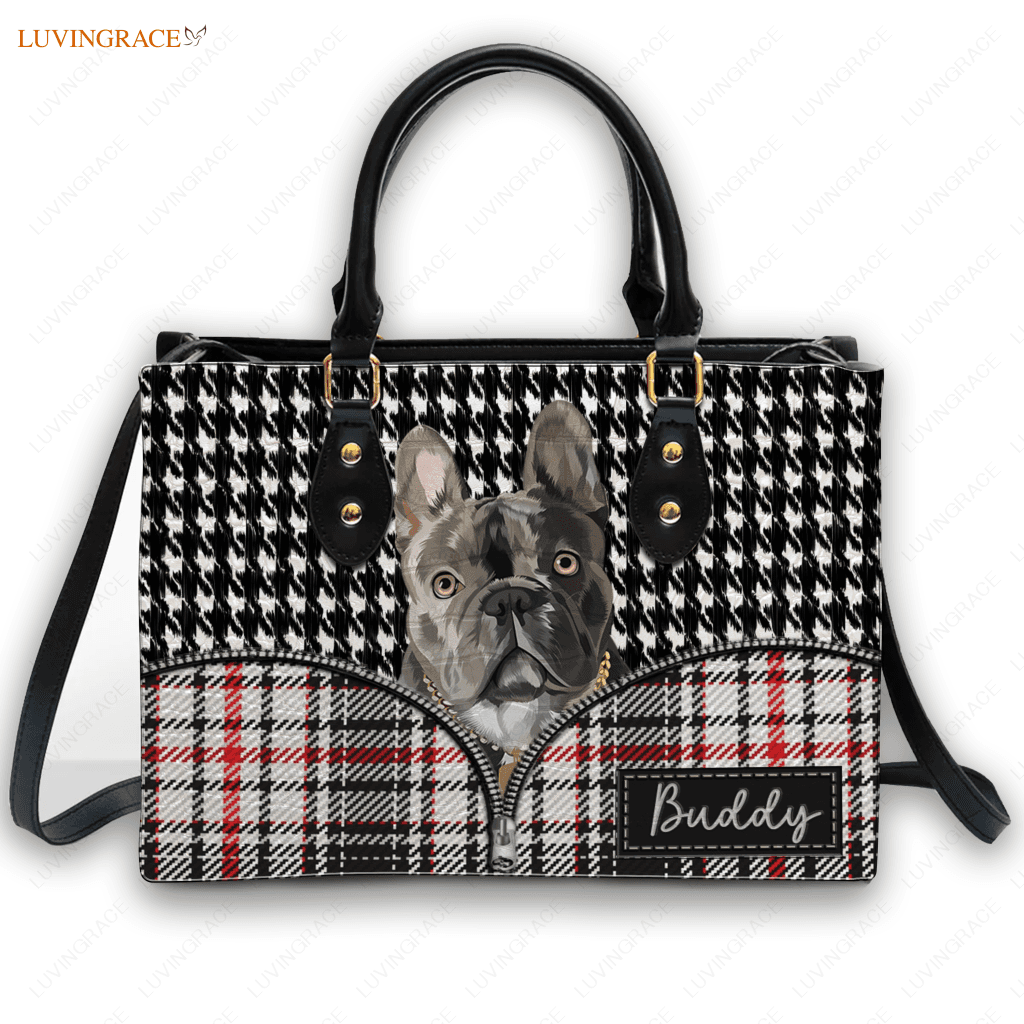 Zipper Plaid Mix Pet Digital Painting Portrait - Personalized Custom Leather Bag Handbags